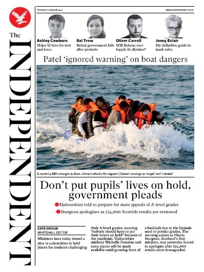 The Independent Newspaper Front Page (UK) for 11 August 2020