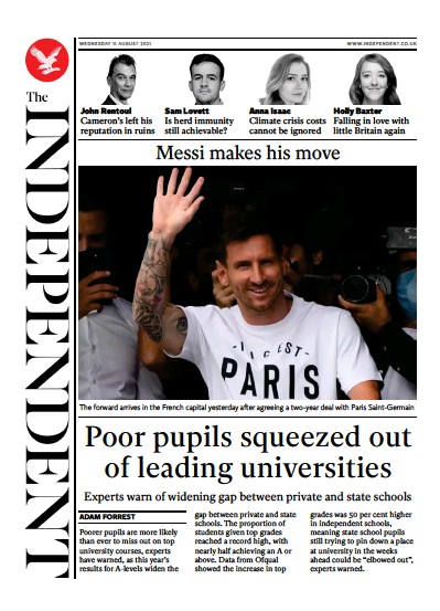The Independent Newspaper Front Page (UK) for 11 August 2021
