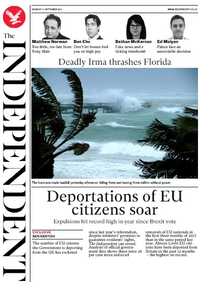 The Independent Newspaper Front Page (UK) for 11 September 2017