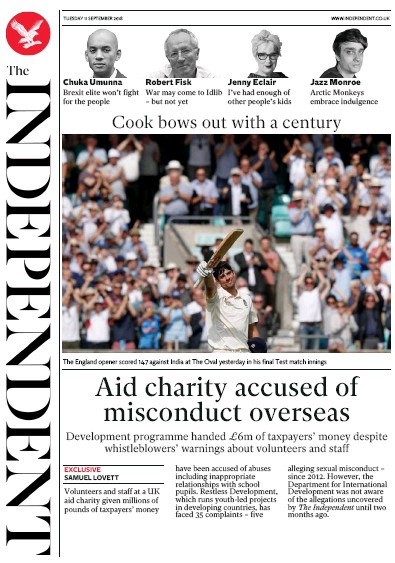 The Independent Newspaper Front Page (UK) for 11 September 2018