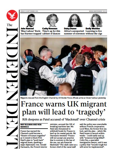The Independent Newspaper Front Page (UK) for 11 September 2021