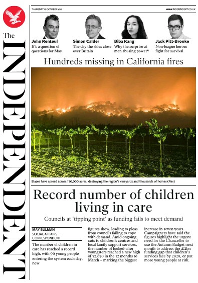The Independent Newspaper Front Page (UK) for 12 October 2017