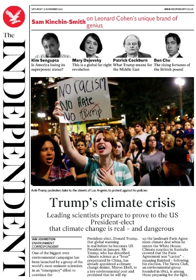 The Independent Newspaper Front Page (UK) for 12 November 2016