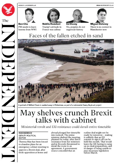 The Independent Newspaper Front Page (UK) for 12 November 2018
