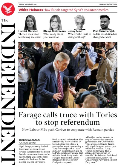The Independent Newspaper Front Page (UK) for 12 November 2019