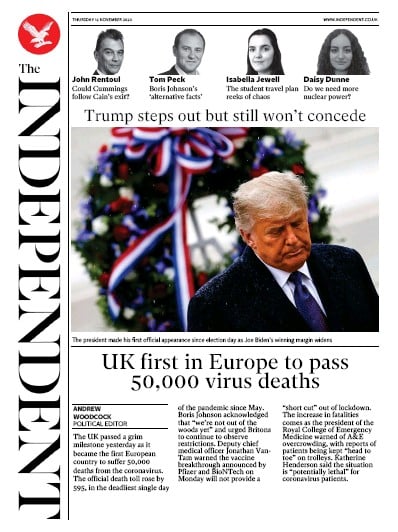 The Independent Newspaper Front Page (UK) for 12 November 2020