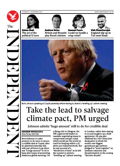 The Independent Newspaper Front Page (UK) for 12 November 2021