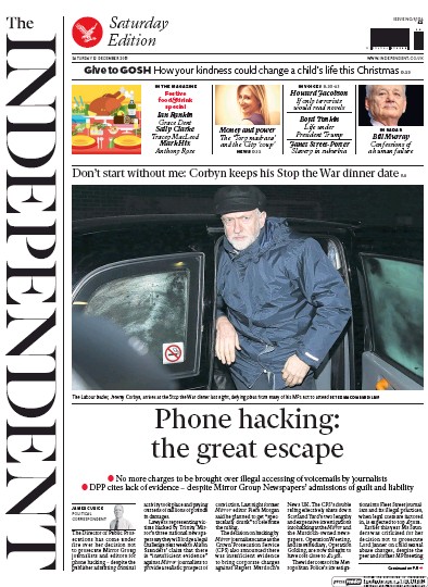 The Independent Newspaper Front Page (UK) for 12 December 2015