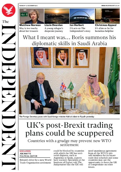 The Independent Newspaper Front Page (UK) for 12 December 2016