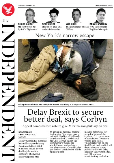 The Independent Newspaper Front Page (UK) for 12 December 2017