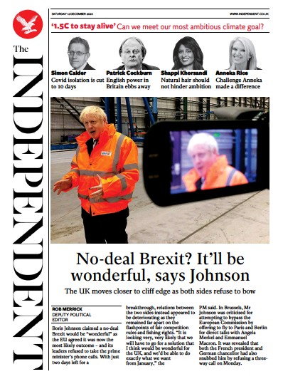 The Independent Newspaper Front Page (UK) for 12 December 2020