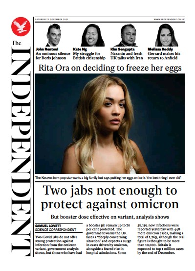 The Independent Newspaper Front Page (UK) for 12 December 2021