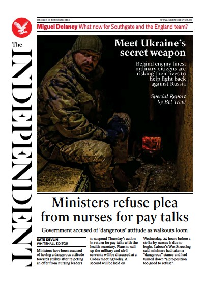 The Independent Newspaper Front Page (UK) for 12 December 2022