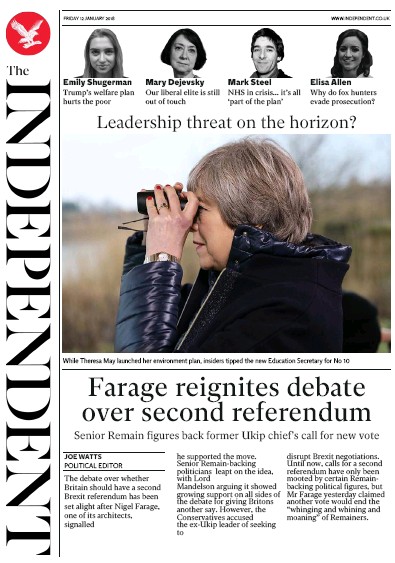 The Independent Newspaper Front Page (UK) for 12 January 2018