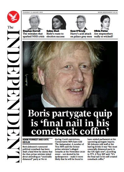 The Independent Newspaper Front Page (UK) for 12 January 2023