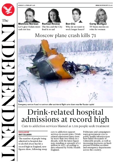 The Independent Newspaper Front Page (UK) for 12 February 2018