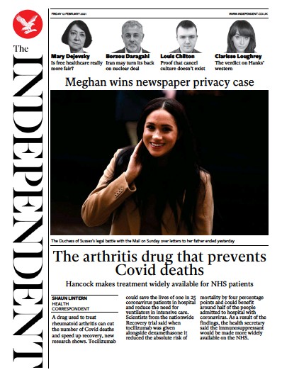 The Independent Newspaper Front Page (UK) for 12 February 2021