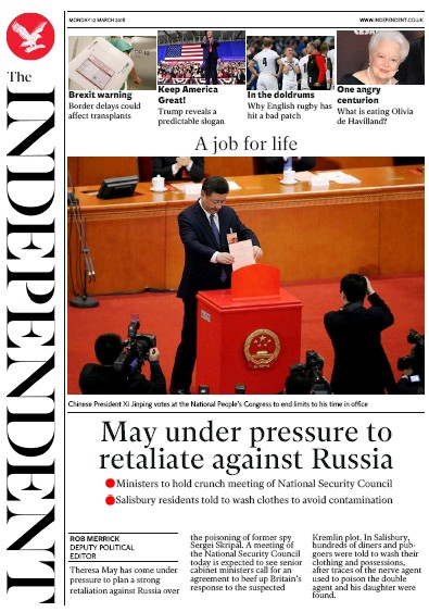 The Independent Newspaper Front Page (UK) for 12 March 2018