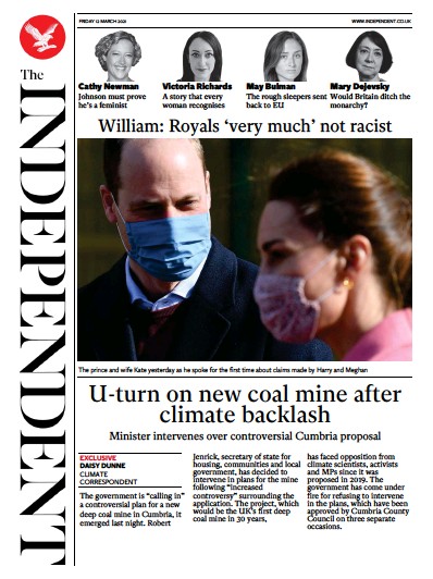 The Independent Newspaper Front Page (UK) for 12 March 2021