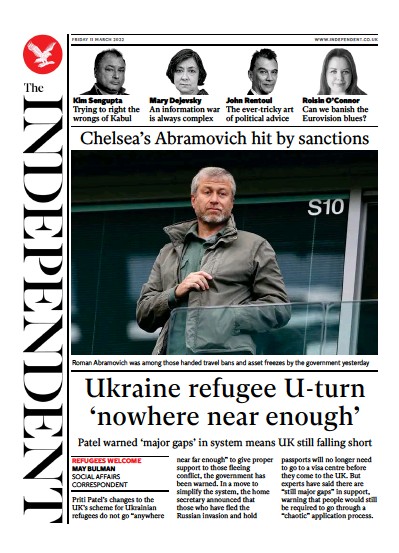 The Independent Newspaper Front Page (UK) for 12 March 2022