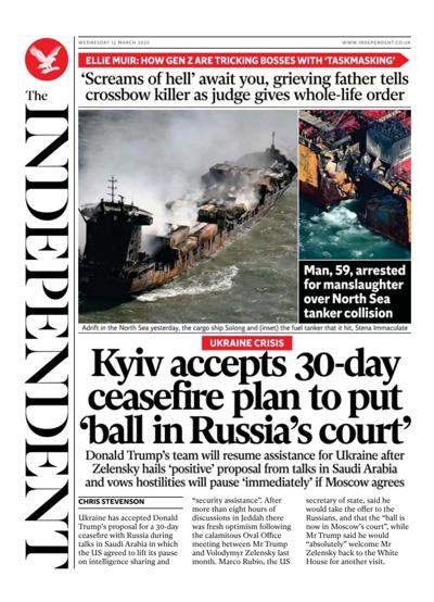 The Independent Newspaper Front Page (UK) for 12 March 2025