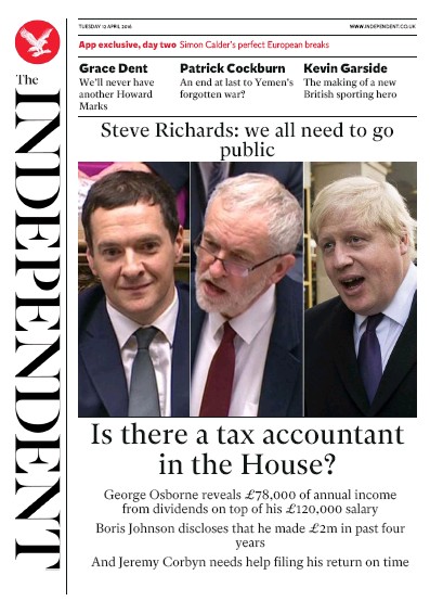 The Independent Newspaper Front Page (UK) for 12 April 2016