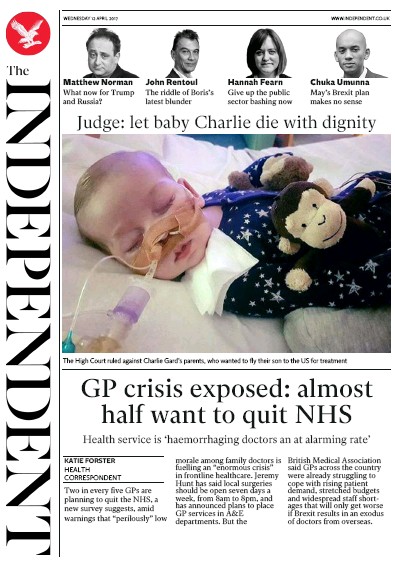 The Independent Newspaper Front Page (UK) for 12 April 2017