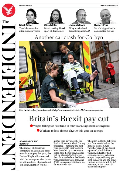 The Independent Newspaper Front Page (UK) for 12 May 2017