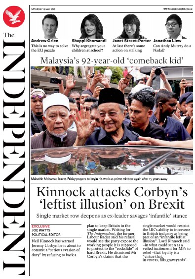 The Independent Newspaper Front Page (UK) for 12 May 2018
