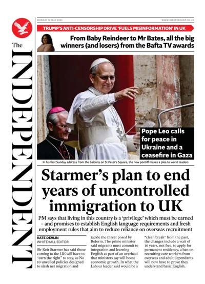 The Independent Newspaper Front Page (UK) for 12 May 2025