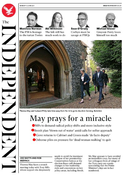The Independent Newspaper Front Page (UK) for 12 June 2017
