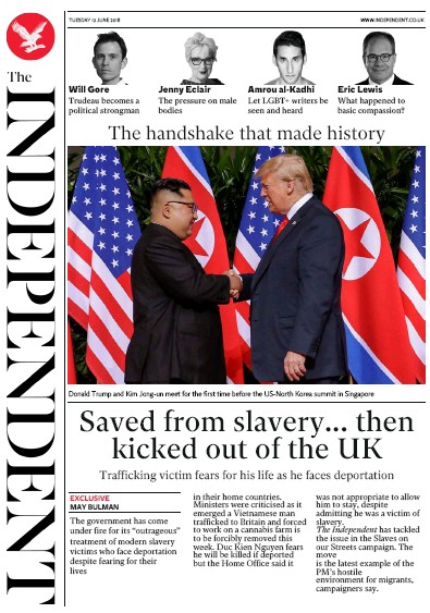 The Independent Newspaper Front Page (UK) for 12 June 2018