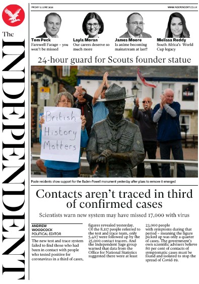 The Independent Newspaper Front Page (UK) for 12 June 2020