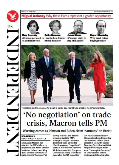 The Independent Newspaper Front Page (UK) for 12 June 2021