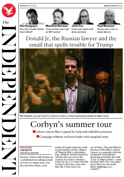 The Independent Newspaper Front Page (UK) for 12 July 2017