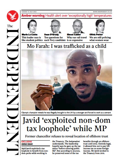 The Independent Newspaper Front Page (UK) for 12 July 2022