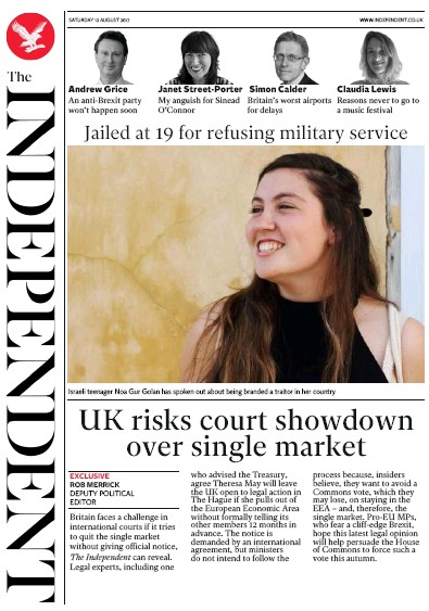 The Independent Newspaper Front Page (UK) for 12 August 2017