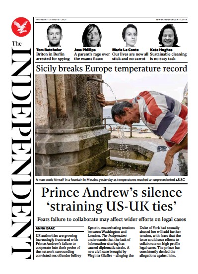 The Independent Newspaper Front Page (UK) for 12 August 2021