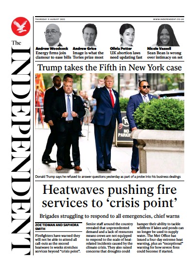 The Independent Newspaper Front Page (UK) for 12 August 2022