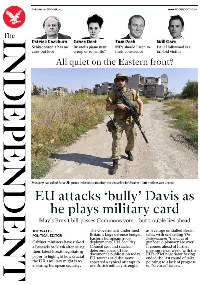 The Independent Newspaper Front Page (UK) for 12 September 2017