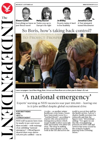 The Independent Newspaper Front Page (UK) for 12 September 2018