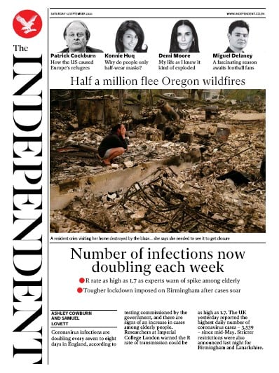 The Independent Newspaper Front Page (UK) for 12 September 2020
