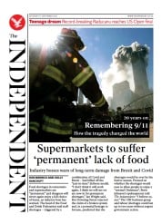 The Independent (UK) Newspaper Front Page for 12 September 2021