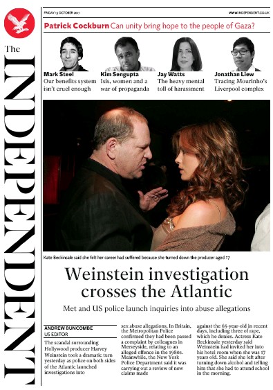 The Independent Newspaper Front Page (UK) for 13 October 2017