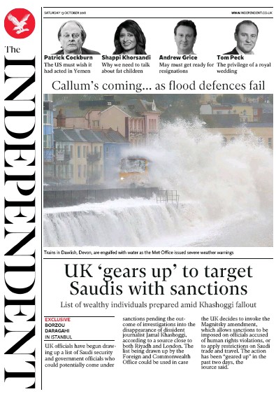 The Independent Newspaper Front Page (UK) for 13 October 2018