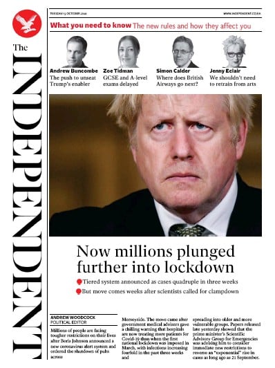 The Independent Newspaper Front Page (UK) for 13 October 2020