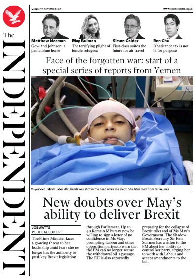 The Independent Newspaper Front Page (UK) for 13 November 2017