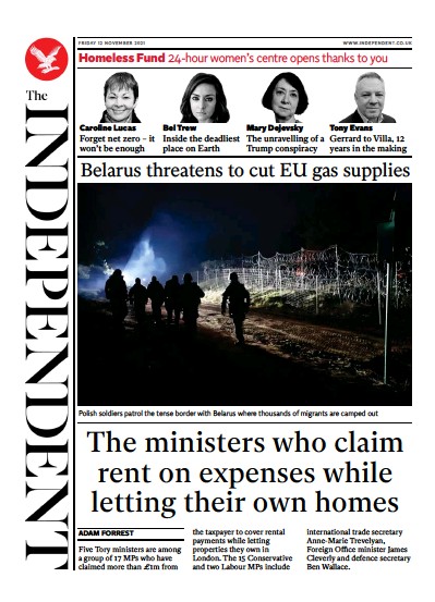 The Independent Newspaper Front Page (UK) for 13 November 2021