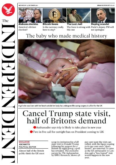 The Independent Newspaper Front Page (UK) for 13 December 2017
