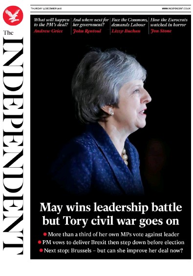 The Independent Newspaper Front Page (UK) for 13 December 2018